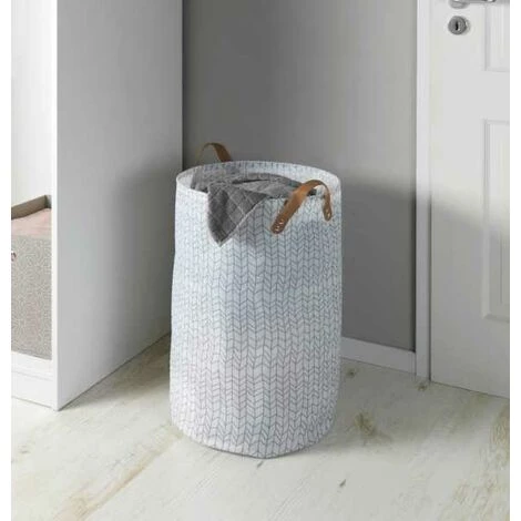 WENKO Panier à Linge Geo, Panier à Linge Sale Souple Avec Poignée De Transport En Similicuir, Capacité 75 L, Polyester, ø40x60 Cm, Blanc - Marron 7 WENKO Panier à Linge Geo, Panier à Linge Sale Souple Avec Poignée De Transport En Similicuir, Capacité 75 L, Polyester, ø40x60 Cm, Blanc - Marron – Image 5