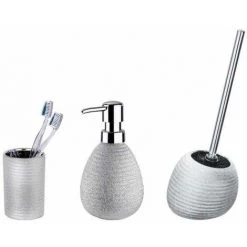 WENKO Set Accessoires Salle De Bain, Distributeur Savon Liquide, Porte Brosse à Dent, Brosse WC, Céramique, Polaris Argent