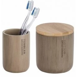 WENKO Set D'accessoires De Salle De Bain, Porte Brosse à Dent Et Boite Avec Couvercle Bambou, Palo Taupe