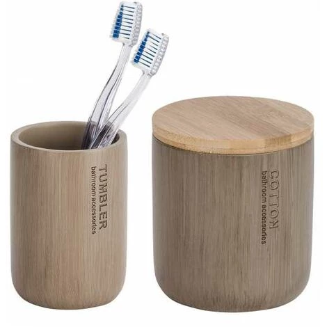 WENKO Set D'accessoires De Salle De Bain, Porte Brosse à Dent Et Boite Avec Couvercle Bambou, Palo Taupe 3 WENKO Set D'accessoires De Salle De Bain, Porte Brosse à Dent Et Boite Avec Couvercle Bambou, Palo Taupe