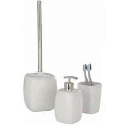WENKO Set Accessoires Salle De Bain Faro, Brosse WC, Distributeur Savon Liquide, Porte Brosse à Dent, Céramique, Blanc