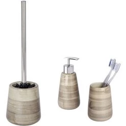 WENKO Set Accessoires Salle De Bain, Distributeur Savon Liquide, Gobelet Brosse à Dent, Brosse WC, Céramique Peint à La Main, Pottery Sable