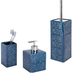WENKO Set Accessoires Salle De Bain, Distributeur Savon Liquide, Brosse WC, Porte Brosse à Dent, Céramique, Cordoba Bleu Foncé