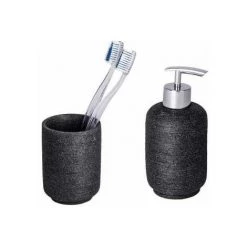 WENKO Set Accessoires Salle De Bain Neo, 2 Pièces, Distributeur Savon Liquide Et Porte Brosse à Dent, Polyrésine, Anthracite