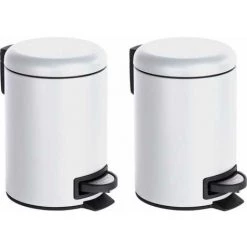 WENKO Poubelle à Pédale Leman, Petite Poubelle Salle De Bain, Capacité 3L, Lot De 2, Acier, 17x25x22.5 Cm, Blanc