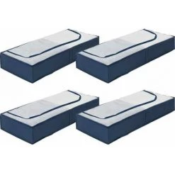 WENKO Boite Rangement Sous Lit Business, Rangement Sous Lit, Grande Capacité De Rangement, Ouverture Transparente Et Fermeture éclair, Lot De 4, Plastique, 105x15x45 Cm, Bleu