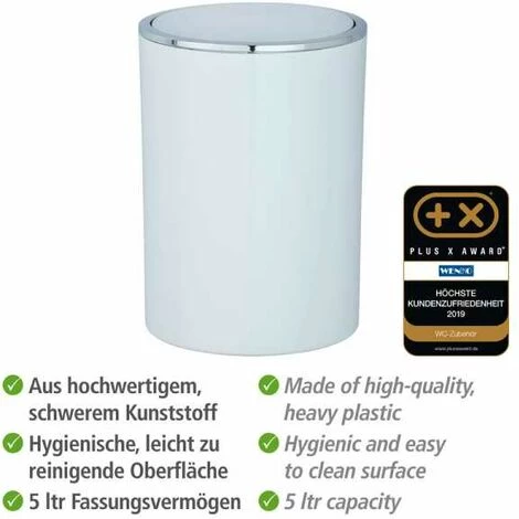 WENKO Petite Poubelle Salle De Bain Inca, Poubelle Salle De Bain Avec Couvercle, Capacité 5L, Lot De 2, Plastique Haut De Gamme, Ø 18,5x25,5 Cm, Blanc 6 WENKO Petite Poubelle Salle De Bain Inca, Poubelle Salle De Bain Avec Couvercle, Capacité 5L, Lot De 2, Plastique Haut De Gamme, Ø 18,5x25,5 Cm, Blanc – Image 4