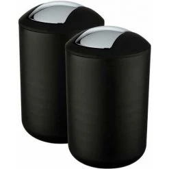 WENKO Lot De 2 Poubelles Salle De Bain Noires, Mini Poubelle Salle De Bain, Couvercle Basculant, Brasil L, Capacité 6,5L, Plastique PET Incassable, ø19,5x31 Cm, Noir