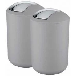WENKO Lot De 2 Poubelles Salle De Bain Grises, Mini Poubelle Salle De Bain, Couvercle Basculant, Brasil L, Capacité 6,5L, Plastique PET Incassable, ø19,5x31 Cm, Gris