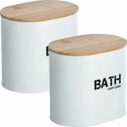 WENKO Boite De Rangement Salle De Bain Décorative En Acier Avec Couvercle En Bambou, Gara Blanc, Lot De 2