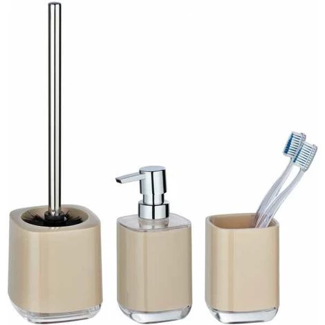 WENKO Set Accessoires De Salle De Bain Masone, 3 Pièces, Brosse WC, Distributeur De Savon Liquide Et Porte Brosse à Dents, Plastique De Haute Qualité, Sable 3 WENKO Set Accessoires De Salle De Bain Masone, 3 Pièces, Brosse WC, Distributeur De Savon Liquide Et Porte Brosse à Dents, Plastique De Haute Qualité, Sable