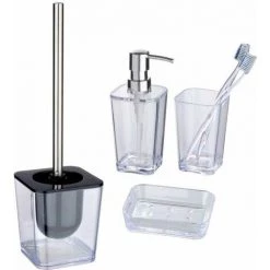 WENKO Set D'accessoires De Salle De Bain Candy, 3 Pièces, Porte Brosse à Dent, Distributeur Savon Liquide Et Brosse WC, Plastique, Transparent