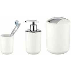 WENKO Set D'accessoires De Salle De Bain Brasil, Gobelet Salle De Bain, Distributeur Savon Liquide, Mini Poubelle Salle De Bain, Plastique, Blanc
