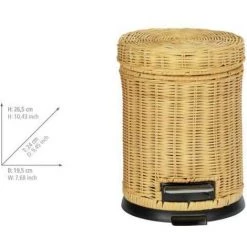 WENKO Petite Poubelle Salle De Bain Manila, Poubelle à Pédale Avec Frein De Chute, Capacité 3 Litres, En Rotin Véritable, 19,5x26,5x24 Cm, Beige -WENKO Soldes 19225027 3