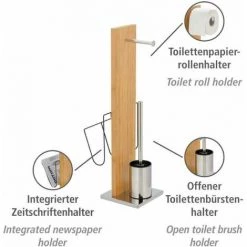WENKO Combiné WC 2en1 Portofino, Brosse WC Et Dérouleur Papier Toilette, Porte-revues, Bambou - Acier Inox, 24,5x68x22,5 Cm, Marron - Chromé -WENKO Soldes 19405371 2