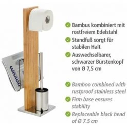 WENKO Combiné WC 2en1 Portofino, Brosse WC Et Dérouleur Papier Toilette, Porte-revues, Bambou - Acier Inox, 24,5x68x22,5 Cm, Marron - Chromé -WENKO Soldes 19405371 3