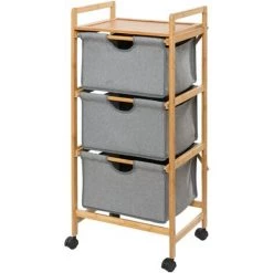 WENKO Desserte Bois Bambou Bahari à 3 Tiroirs De Rangement, Desserte Salle De Bain à Roulettes, Bambou - Polyester, 44x96x34 Cm, Marron - Gris