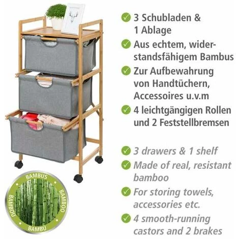 WENKO Desserte Bois Bambou Bahari à 3 Tiroirs De Rangement, Desserte Salle De Bain à Roulettes, Bambou - Polyester, 44x96x34 Cm, Marron - Gris 4 WENKO Desserte Bois Bambou Bahari à 3 Tiroirs De Rangement, Desserte Salle De Bain à Roulettes, Bambou - Polyester, 44x96x34 Cm, Marron - Gris – Image 2