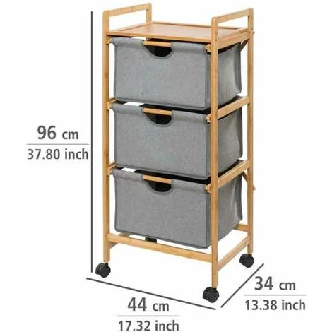 WENKO Desserte Bois Bambou Bahari à 3 Tiroirs De Rangement, Desserte Salle De Bain à Roulettes, Bambou - Polyester, 44x96x34 Cm, Marron - Gris 5 WENKO Desserte Bois Bambou Bahari à 3 Tiroirs De Rangement, Desserte Salle De Bain à Roulettes, Bambou - Polyester, 44x96x34 Cm, Marron - Gris – Image 3