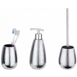 WENKO Set Accessoires Salle De Bain, Distributeur Savon Liquide, Porte Brosse à Dent, Brosse WC, Céramique Chromé, Dakar