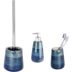 WENKO Set Accessoires Salle De Bain, Distributeur Savon Liquide, Gobelet Brosse à Dent, Brosse WC, Céramique Peint à La Main, Pottery Petrol