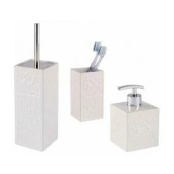 WENKO Set Accessoires Salle De Bain Cordoba, 3 Pièces, Distributeur Savon Liquide, Brosse WC Et Porte Brosse à Dent, Céramique Blanche
