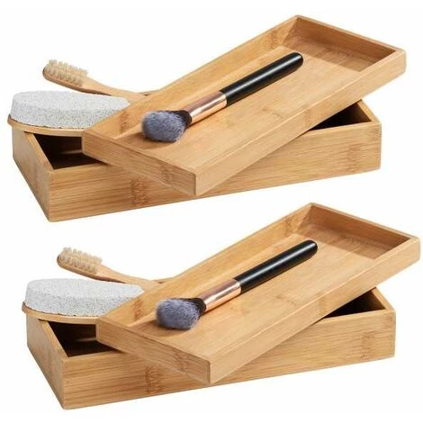 WENKO Plateau Salle De Bain Et Boite De Rangement Avec Couvercle 2en1 Terra, Panier Rangement Salle De Bain Bambou, Lot De 2, 24x5,5x10 Cm, Marron 4 WENKO Plateau Salle De Bain Et Boite De Rangement Avec Couvercle 2en1 Terra, Panier Rangement Salle De Bain Bambou, Lot De 2, 24x5,5x10 Cm, Marron – Image 2