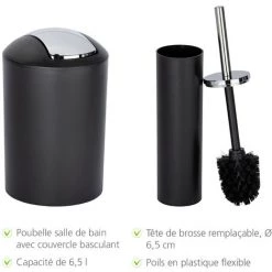 WENKO Set Accessoires Salle De Bain Calvo Noir, Distributeur De Savon Liquide, Gobelet Brosse à Dent, Brosse WC, Petite Poubelle Salle De Bain Noire 6,5L, Chromé -WENKO Soldes 30340018 2