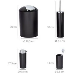 WENKO Set Accessoires Salle De Bain Calvo Noir, Distributeur De Savon Liquide, Gobelet Brosse à Dent, Brosse WC, Petite Poubelle Salle De Bain Noire 6,5L, Chromé -WENKO Soldes 30340018 4