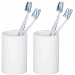 WENKO Porte Brosse à Dent Ida, Gobelet Salle De Bain, Lot De 2, Polyrésine, Ø 7x10,5 Cm, Blanc