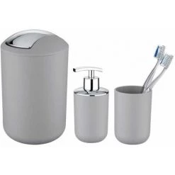 WENKO Set D'accessoires De Salle De Bain, Gobelet Salle De Bain, Distributeur Savon Liquide, Mini Poubelle Salle De Bain Brasil Gris