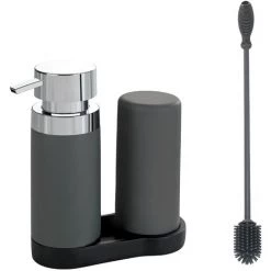 WENKO Station De Lavage Easy-Squeeze, Distributeur Liquide Vaisselle Et Distributeur Savon Liquide, Capacité 250 Ml, Avec Goupillon Bouteille 38 Cm, Plastique - Silicone, 15x18x7 Cm, Gris