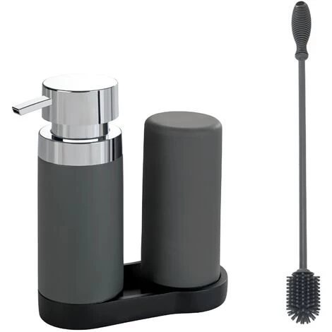 WENKO Station De Lavage Easy-Squeeze, Distributeur Liquide Vaisselle Et Distributeur Savon Liquide, Capacité 250 Ml, Avec Goupillon Bouteille 38 Cm, Plastique - Silicone, 15x18x7 Cm, Gris 3 WENKO Station De Lavage Easy-Squeeze, Distributeur Liquide Vaisselle Et Distributeur Savon Liquide, Capacité 250 Ml, Avec Goupillon Bouteille 38 Cm, Plastique - Silicone, 15x18x7 Cm, Gris