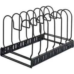 WENKO Rangement Poêle Et Support Couvercles Casseroles, Rangement Téléscopique Pour Placard Avec 6 Compartiments Pour Les Poeles, Couvercles, Planche à Découper, Métal, 30-57x18x18 Cm, Noir