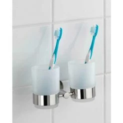 WENKO Porte Brosse à Dent Mural Duo Bosio, Gobelet Salle De Bain Mural, Lot De 2, Acier Inox - Verre Satiné, 17,5x9,5x9 Cm, Brillant -WENKO Soldes 31841913 3