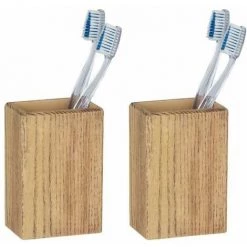 WENKO Gobelet Salle De Bain Marla, Porte Brosse à Dent, Lot De 2, Polyrésine Effet Bois, 7,5x11x5 Cm, Marron