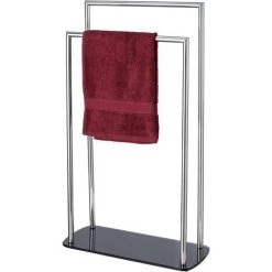 WENKO Porte Serviette Salle De Bain Sur Pied Ravina, Porte Serviette Salle De Bain 2 Portants Avec Socle En Verre, Acier Inoxydable, 48x80x20cm, Brillant - Noir