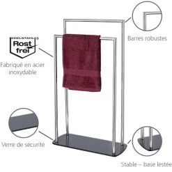 WENKO Porte Serviette Salle De Bain Sur Pied Ravina, Porte Serviette Salle De Bain 2 Portants Avec Socle En Verre, Acier Inoxydable, 48x80x20cm, Brillant - Noir 9 WENKO Porte Serviette Salle De Bain Sur Pied Ravina, Porte Serviette Salle De Bain 2 Portants Avec Socle En Verre, Acier Inoxydable, 48x80x20cm, Brillant - Noir -WENKO Soldes 31906331 3