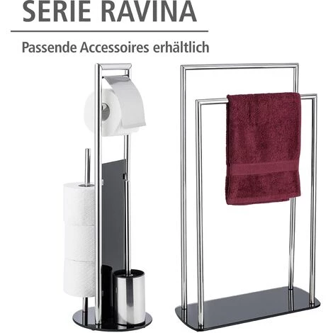 WENKO Porte Serviette Salle De Bain Sur Pied Ravina, Porte Serviette Salle De Bain 2 Portants Avec Socle En Verre, Acier Inoxydable, 48x80x20cm, Brillant - Noir 7 WENKO Porte Serviette Salle De Bain Sur Pied Ravina, Porte Serviette Salle De Bain 2 Portants Avec Socle En Verre, Acier Inoxydable, 48x80x20cm, Brillant - Noir – Image 5