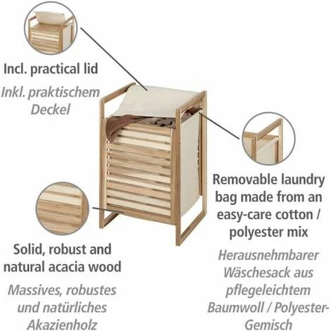 WENKO Coffre Linge Bois Acina, Panier à Linge Bois Avec Sac à Linge Sale Amovible, Capacité 40L, Bois Certifié FSC®, 40x60x35 Cm, Marron 4 WENKO Coffre Linge Bois Acina, Panier à Linge Bois Avec Sac à Linge Sale Amovible, Capacité 40L, Bois Certifié FSC®, 40x60x35 Cm, Marron – Image 2