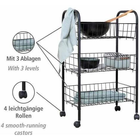 WENKO Desserte Cuisine à Roulettes, Chariot De Rangement à Roulettes, Florenz Noir 4 WENKO Desserte Cuisine à Roulettes, Chariot De Rangement à Roulettes, Florenz Noir – Image 2