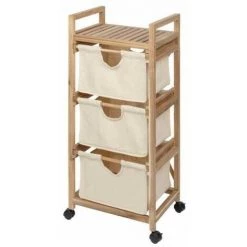 WENKO Desserte à Roulette Acina, étagère De Rangement Salle De Bain Bois, 3 Paniers De Rangement, Bois D'acacia Certifié FSC, 43,5x96x33,5 Cm, Marron - Beige