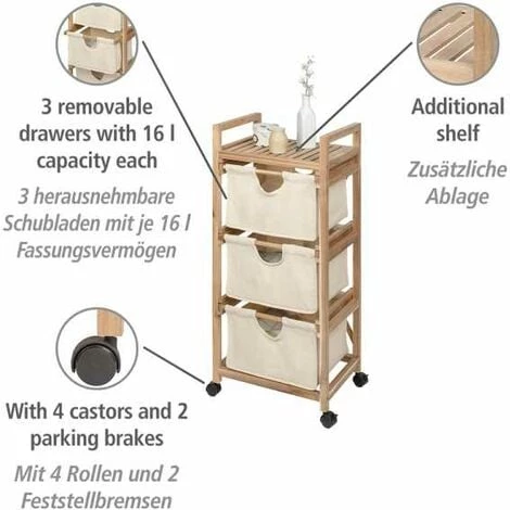WENKO Desserte à Roulette Acina, étagère De Rangement Salle De Bain Bois, 3 Paniers De Rangement, Bois D'acacia Certifié FSC, 43,5x96x33,5 Cm, Marron - Beige 4 WENKO Desserte à Roulette Acina, étagère De Rangement Salle De Bain Bois, 3 Paniers De Rangement, Bois D'acacia Certifié FSC, 43,5x96x33,5 Cm, Marron - Beige – Image 2
