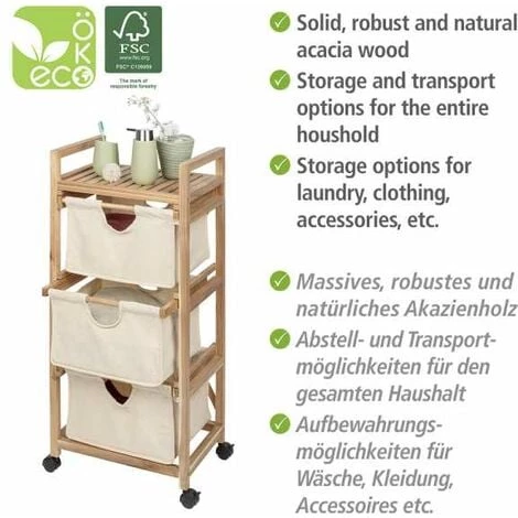 WENKO Desserte à Roulette Acina, étagère De Rangement Salle De Bain Bois, 3 Paniers De Rangement, Bois D'acacia Certifié FSC, 43,5x96x33,5 Cm, Marron - Beige 5 WENKO Desserte à Roulette Acina, étagère De Rangement Salle De Bain Bois, 3 Paniers De Rangement, Bois D'acacia Certifié FSC, 43,5x96x33,5 Cm, Marron - Beige – Image 3