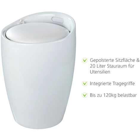 WENKO Tabouret Panier à Linge, Coffre à Linge Et Tabouret Salle De Bain, Coussin Amovible, Similicuir Blanc, 20 Litres, Canaro, Plastique, 35x50x35 Cm, Blanc 5 WENKO Tabouret Panier à Linge, Coffre à Linge Et Tabouret Salle De Bain, Coussin Amovible, Similicuir Blanc, 20 Litres, Canaro, Plastique, 35x50x35 Cm, Blanc – Image 3
