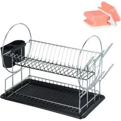 WENKO Egouttoir Vaisselle, Egouttoir Inox Et Plastique Noir, 52x26x34 Cm, Lot De 2 éponges Offertes