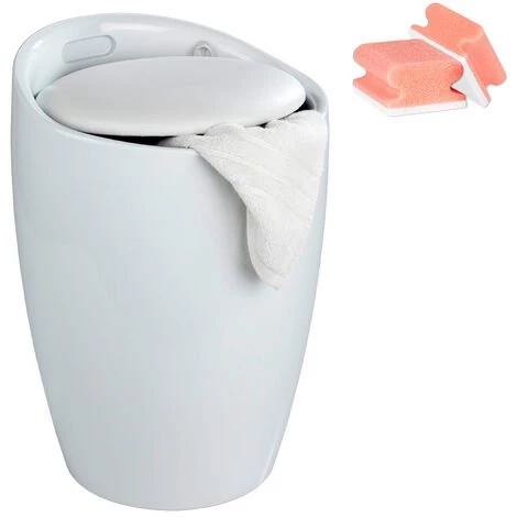 WENKO Tabouret Panier à Linge, Capacité 20 Litres, Candy Blanc, Lot De 2 éponges Offertes 3 WENKO Tabouret Panier à Linge, Capacité 20 Litres, Candy Blanc, Lot De 2 éponges Offertes