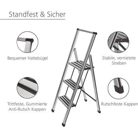 WENKO Escabeau 3 Marches Design, Escabeau Pliable Alu, 44 X 127 X 5.5 Cm, Lot De 2 éponges Offertes 4 WENKO Escabeau 3 Marches Design, Escabeau Pliable Alu, 44 X 127 X 5.5 Cm, Lot De 2 éponges Offertes – Image 2