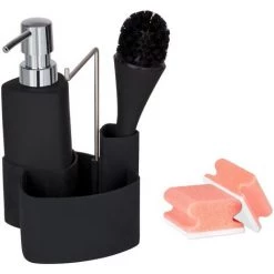 WENKO Rangement évier, Distributeur Liquide Vaisselle Porte Eponge, Brosse, Noir, Lot De 2 éponges Offertes