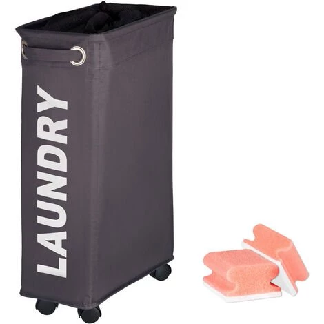 WENKO Panier à Linge étroit, "Laundry", Gris, Capacité 43L, Lot De 2 éponges Offertes 3 WENKO Panier à Linge étroit, "Laundry", Gris, Capacité 43L, Lot De 2 éponges Offertes